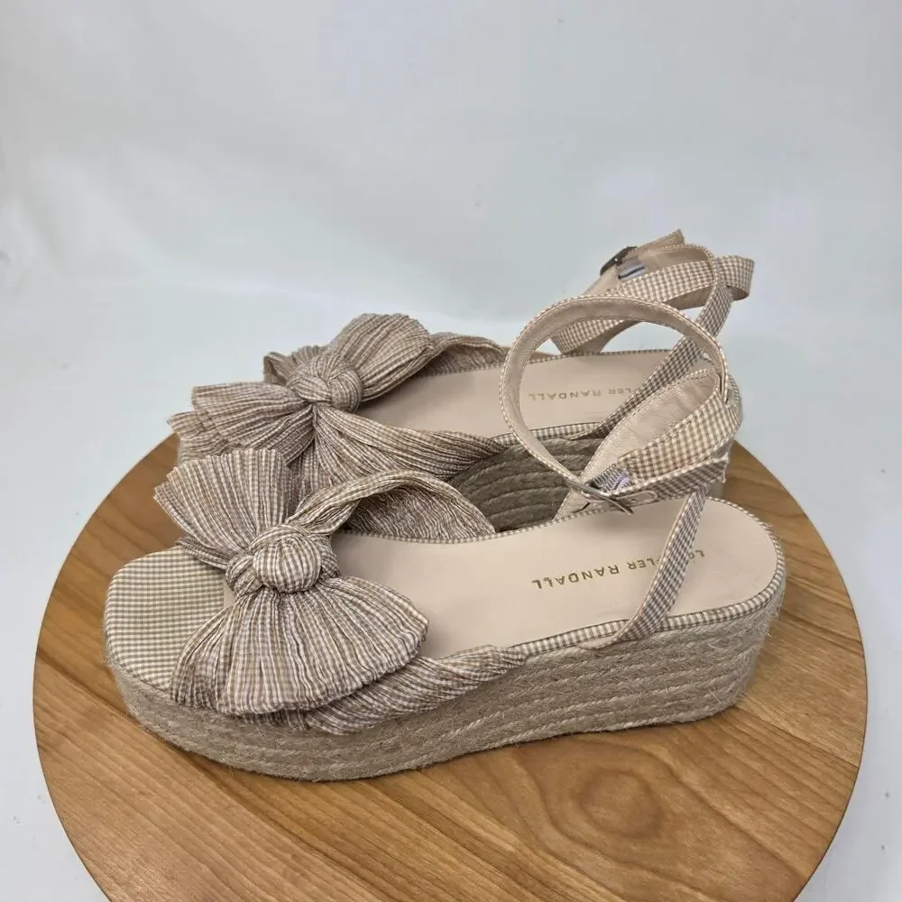 Loeffler Randall Shoes 7.5 Posey Espadrille Gingham Pleated Wedge Bow Jute Chic